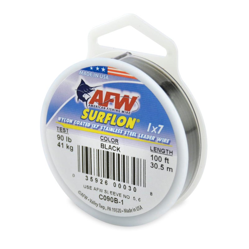 AFW American Fishing Wire Surflon, Nylon Coated 1x7 Stainless Steel Leader Wire, 90 lb Test, .036" Diameter, Black, 100 ft - Image 1